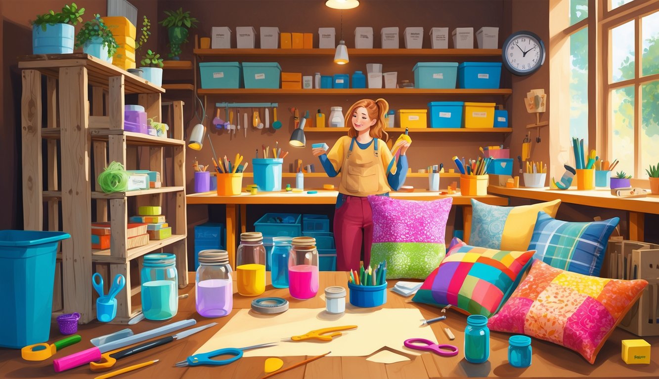 A person working on various upcycling projects in a workshop, repurposing household items into useful objects surrounded by tools and organized materials.