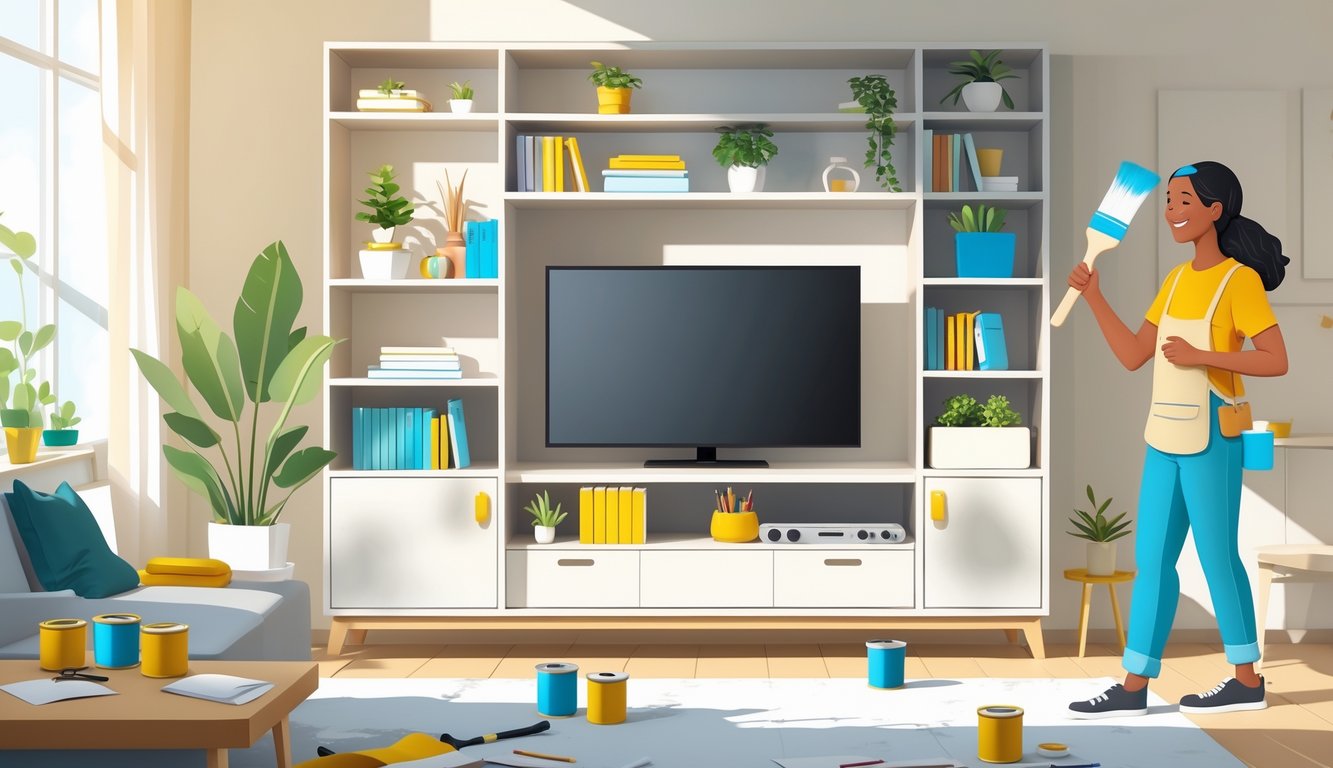 A living room with a modern entertainment center being renovated, showing tools and materials with a person holding a paintbrush nearby.