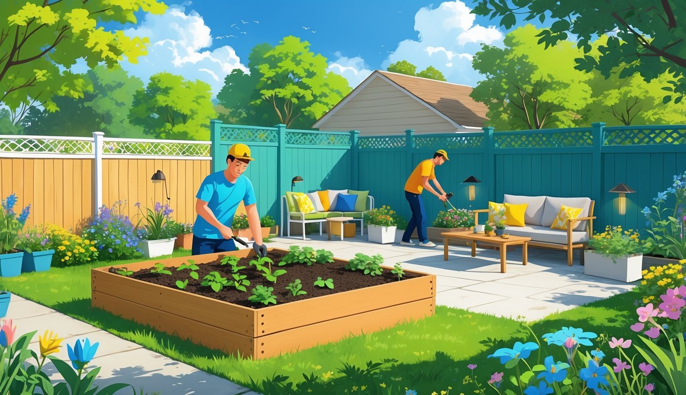 People working together to quickly improve a backyard with gardening, painting, and installing outdoor lights under a clear sky.