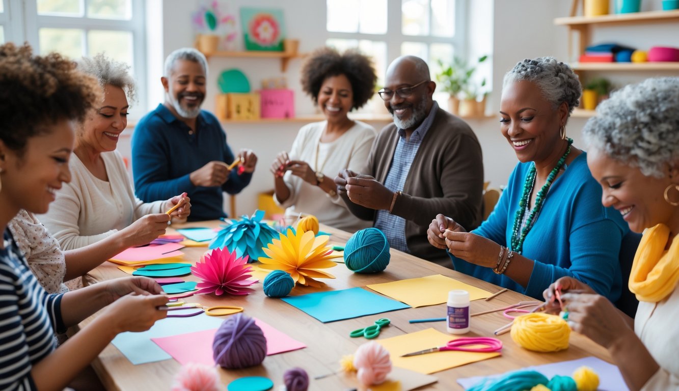 A group of adults happily making simple crafts together at a table filled with colorful supplies in a well-lit room.