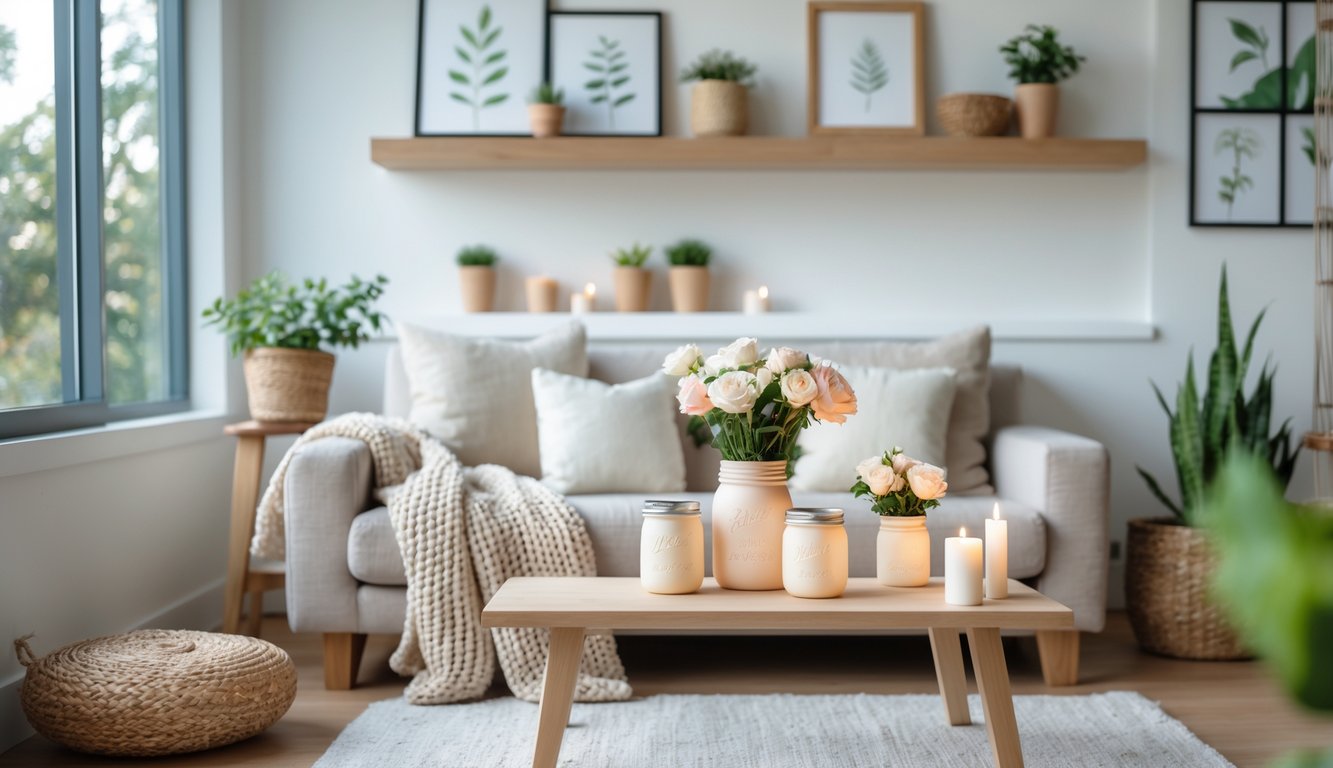 A bright living room with a sofa, handmade pillows, a coffee table with DIY crafts, plants, and shelves with decorative items.