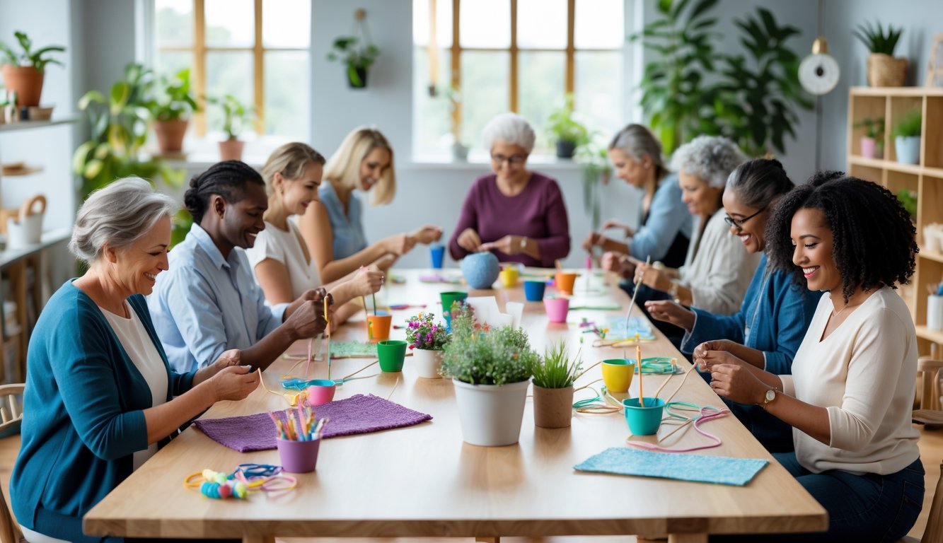 A group of adults happily doing different crafts together at a large table in a bright room.