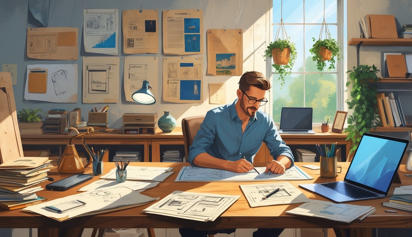 A designer working at a desk filled with old sketches and modern digital tools, surrounded by creative materials and natural light.