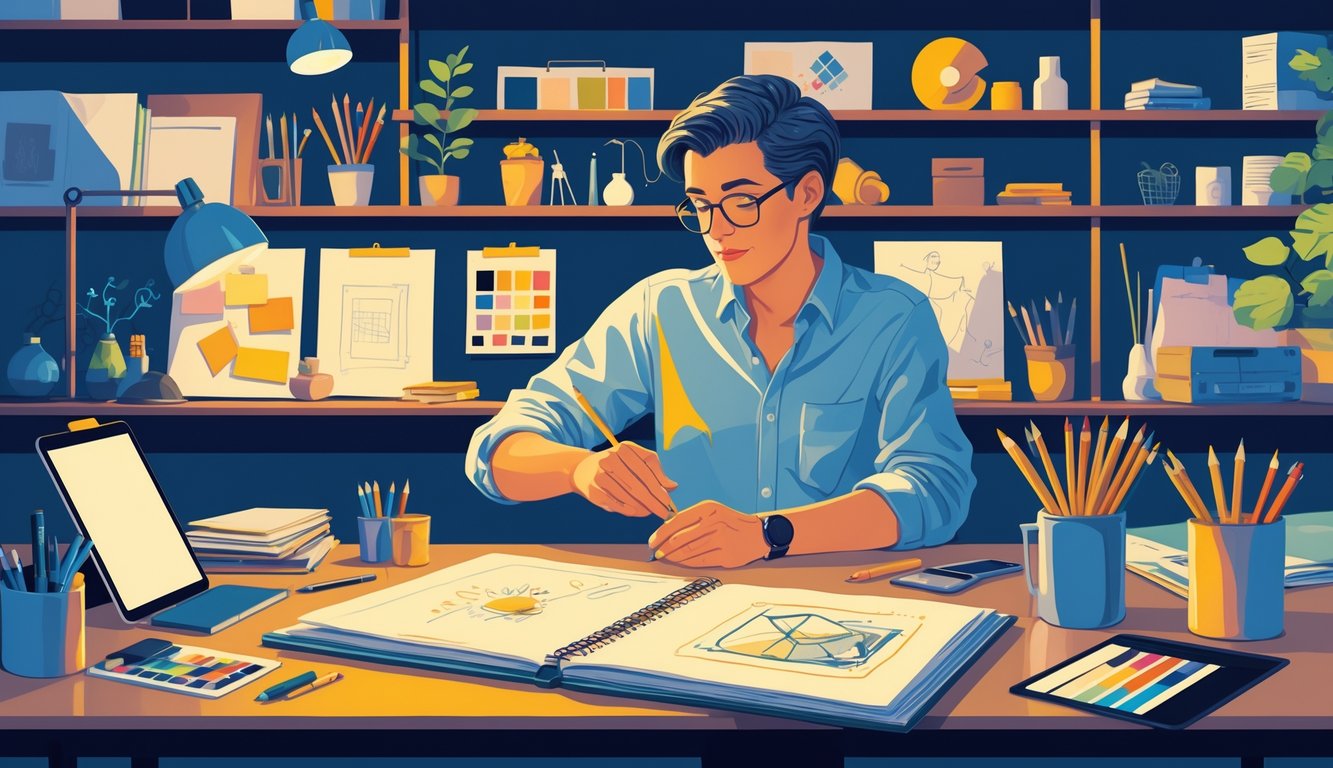 A person at a desk reviewing an old project with art supplies and digital tools around them, symbolizing creativity and revitalizing past work.