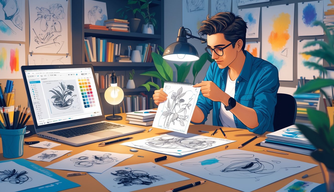 A creative professional reviewing old project drafts and sketches at a desk filled with art supplies and a laptop.