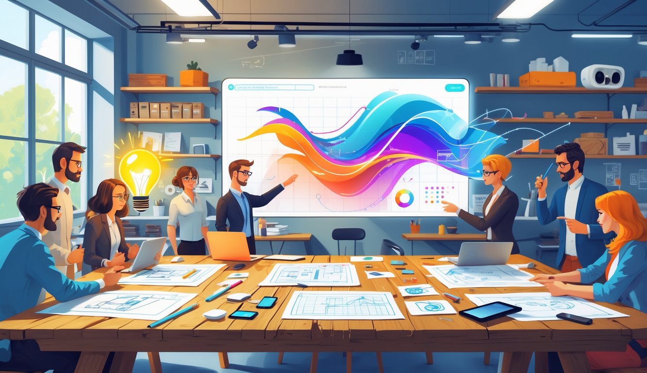A group of creative professionals collaborating around a table with sketches and digital devices, surrounded by tools and screens showing old projects transforming into new designs.