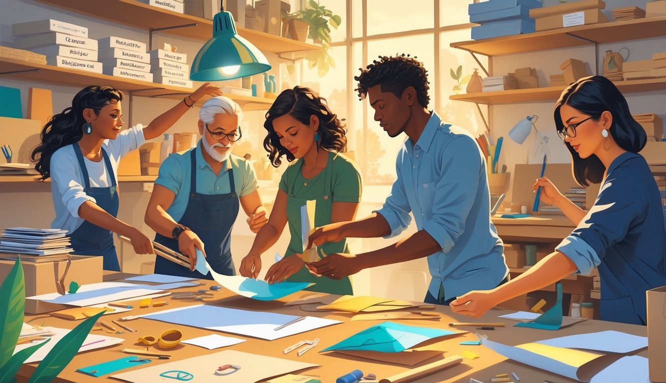 People in a busy workshop urgently searching for and collecting alternative crafting materials from nearly empty shelves.
