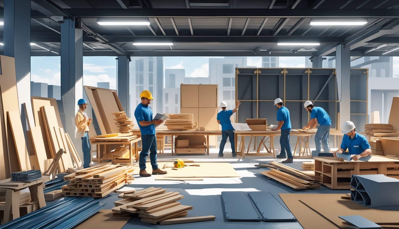 Several crafters working together in a workshop surrounded by various building materials and tools, selecting alternative materials to continue their projects.