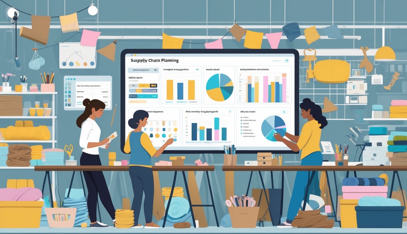 A group of crafters working in a workshop, using a digital dashboard to manage materials and collaborating to adapt to shortages by using alternative supplies.