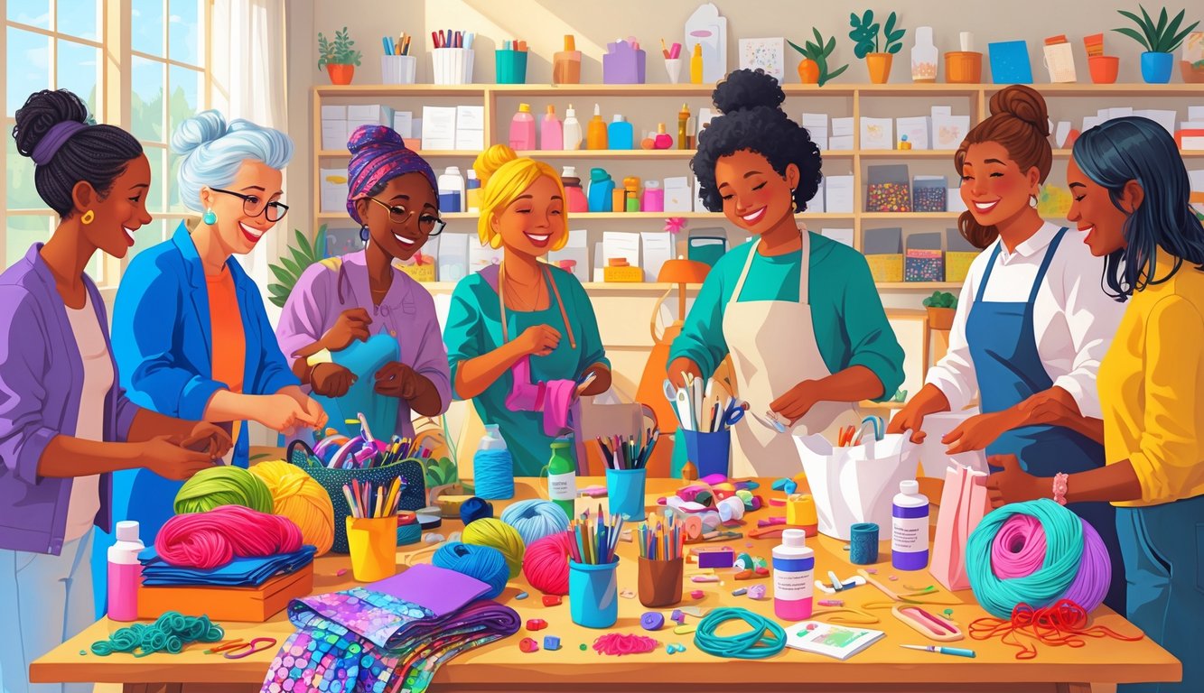 People exchanging craft supplies around a table filled with various materials in a bright community room.