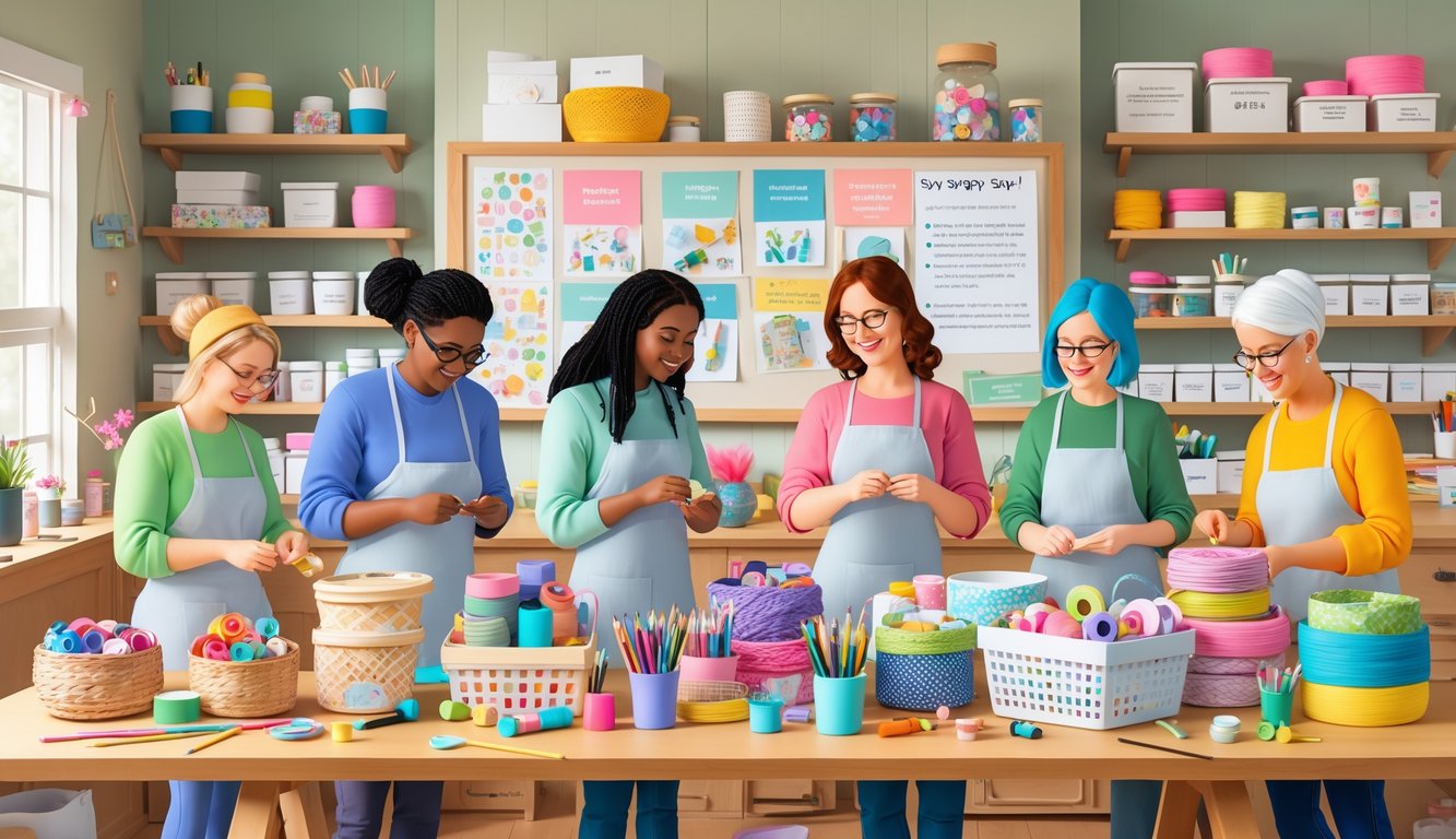 People exchanging and organizing various craft supplies like yarn, paper, buttons, and ribbons on a table in a bright room.