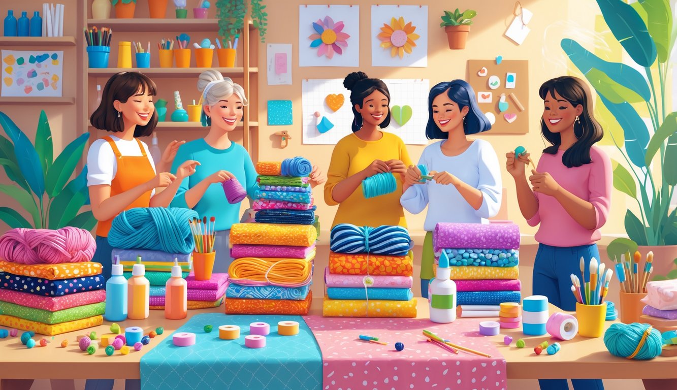 People exchanging various craft supplies like yarn, fabric, paint, and buttons at a craft supply swap event indoors.