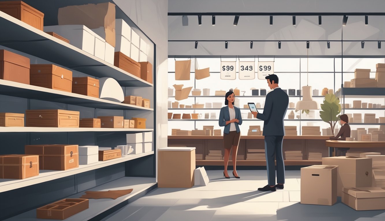 A retail store interior with shelves partially emptied of classic materials, a manager checking inventory on a tablet, and customers observing the remaining products.