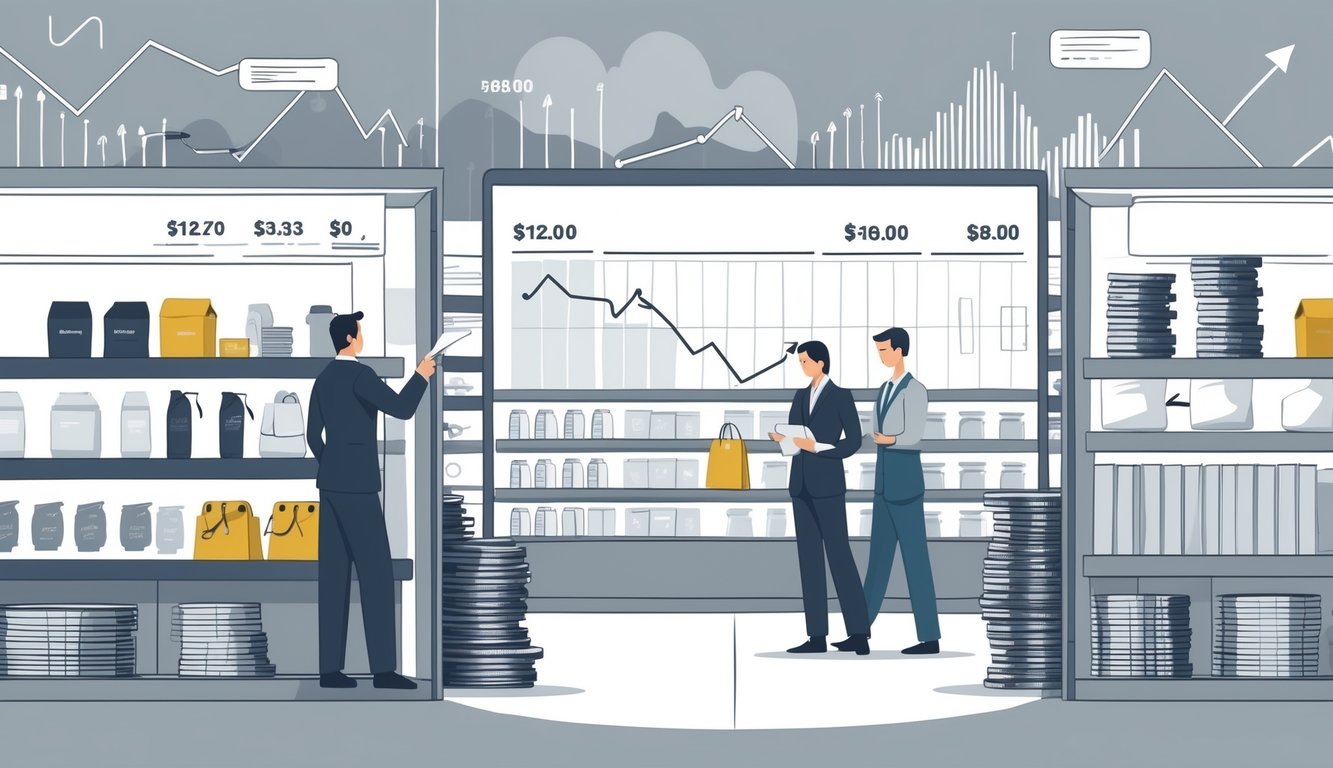 A retail store interior with shelves partially stocked as employees review inventory and price charts, showing the impact of rising costs on product availability.