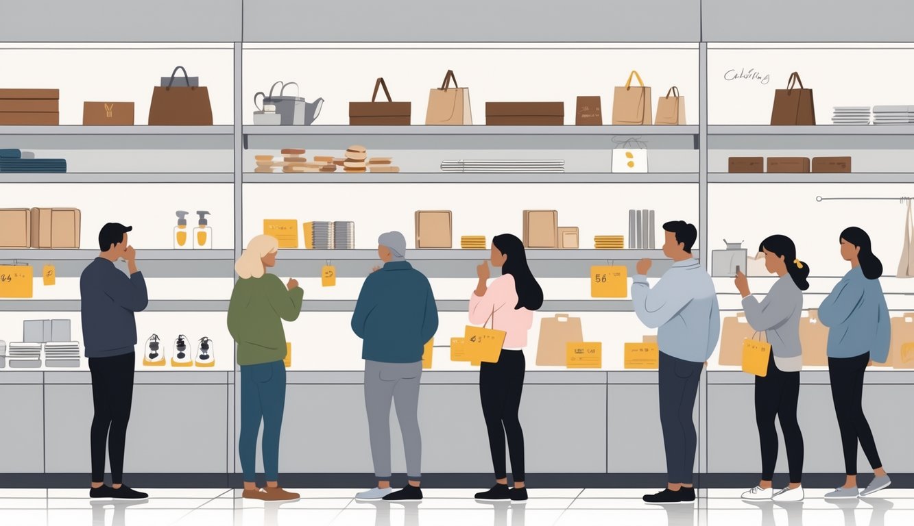 Shoppers in a store with fewer products on shelves, selecting items thoughtfully as prices rise and classic materials are less available.