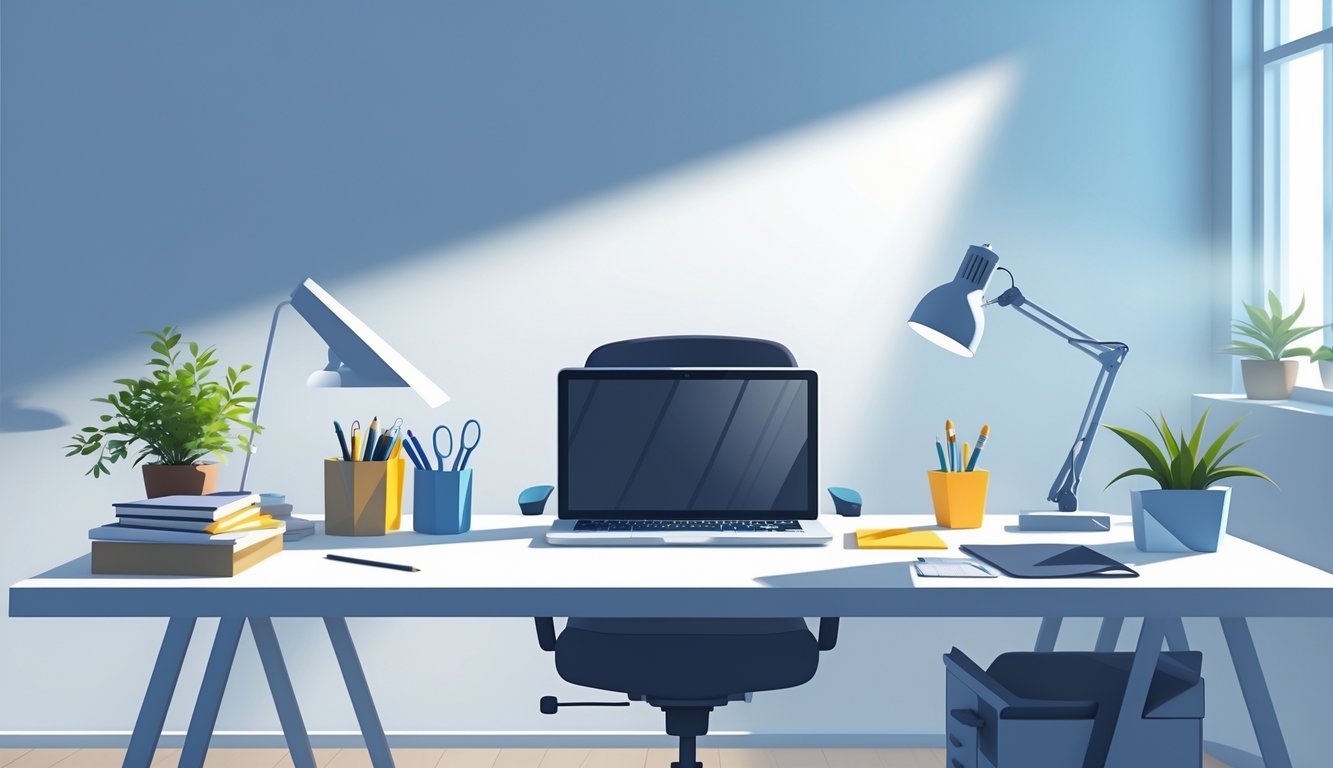 A clean and organized office desk with a laptop, stationery, a desk lamp, and a small plant, highlighted by a soft spotlight in a bright room.