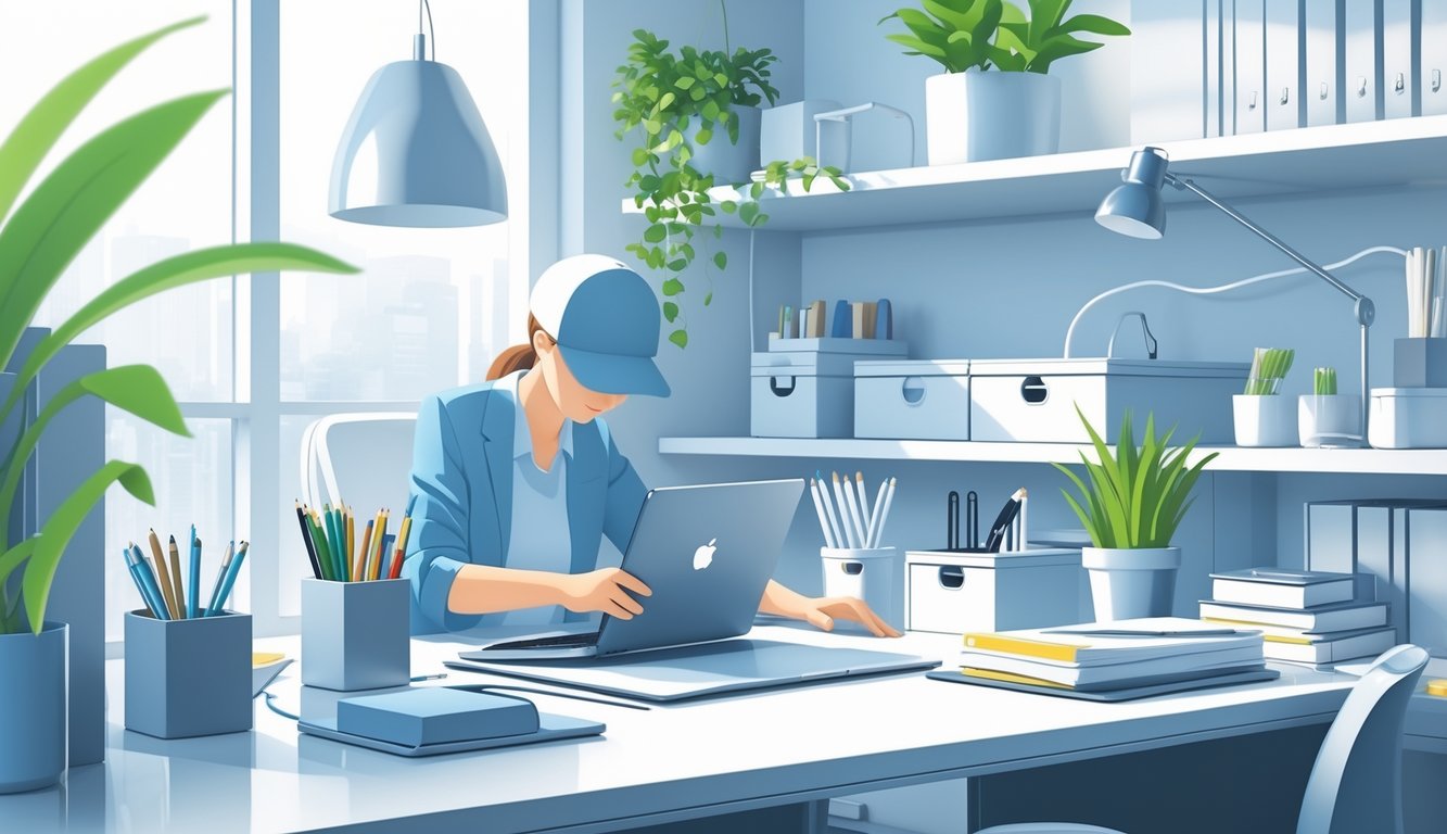 A person quickly organizing a clean and tidy workspace with office supplies, a laptop, and plants on a desk.