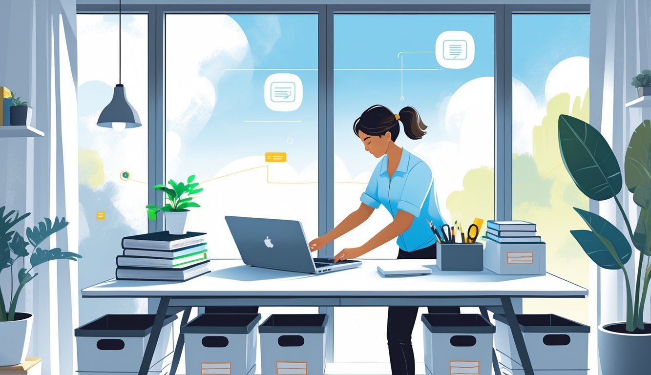 A person tidying a clean and organized home office desk with a laptop, books, and plants by a sunny window.