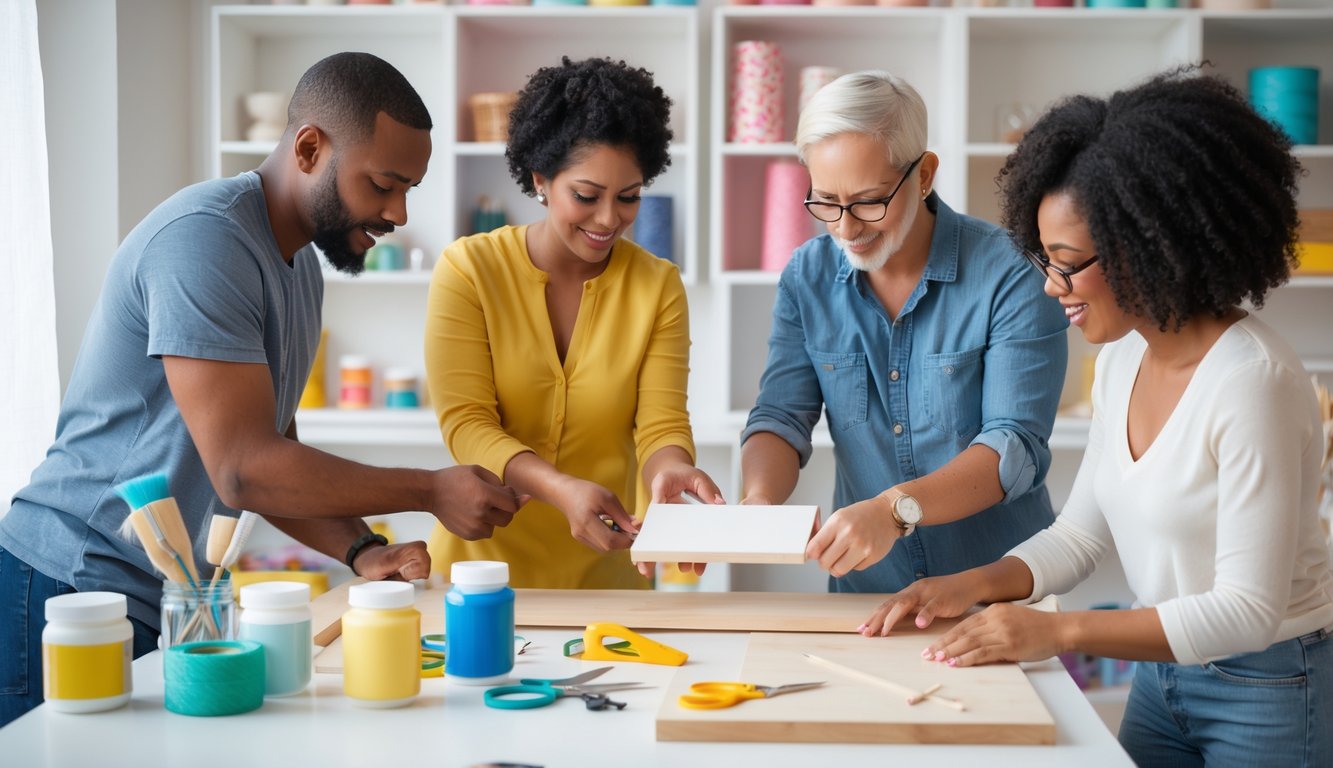 Three adults working together on a DIY craft project at a well-organized table with various crafting supplies.