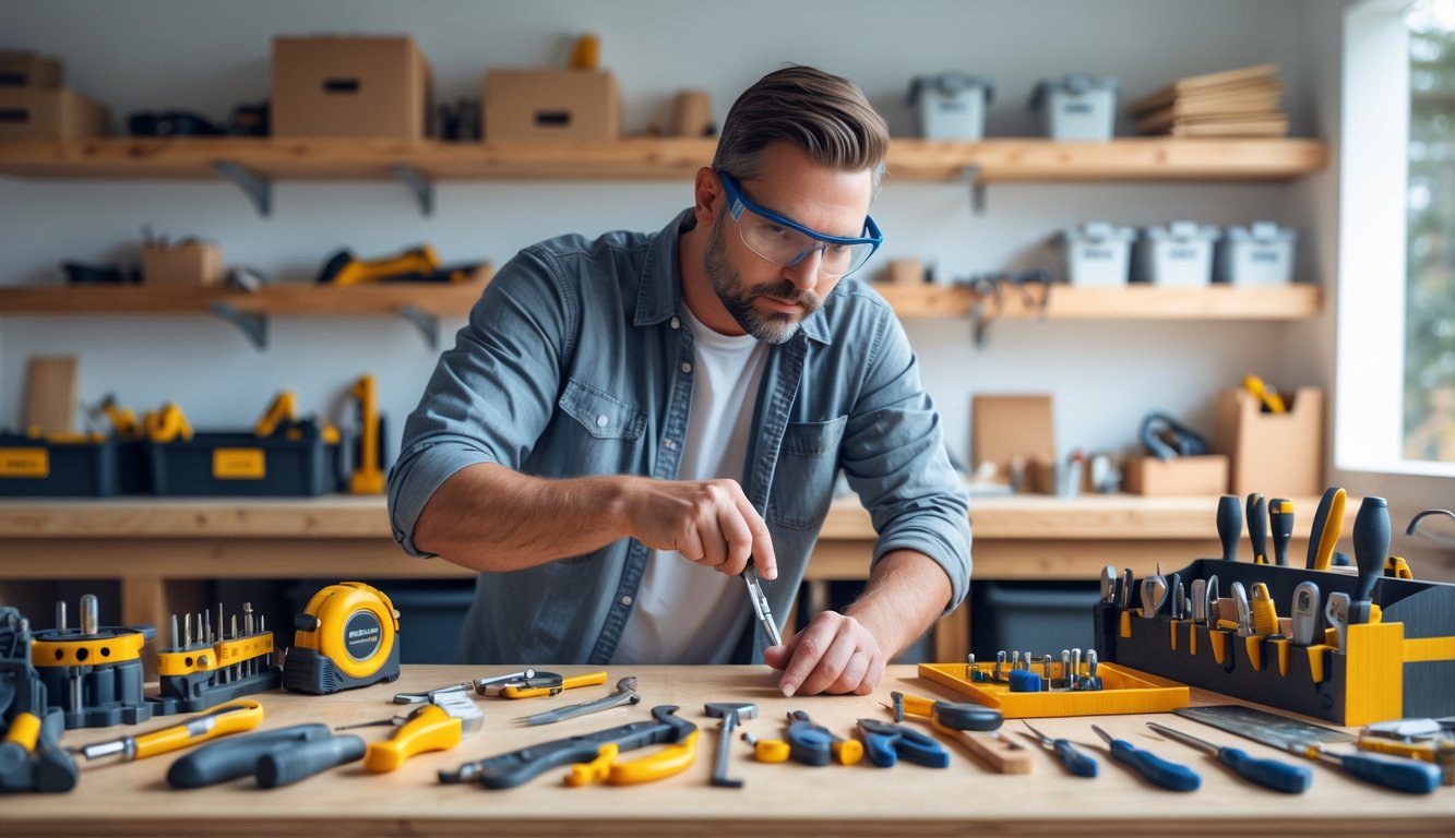 A person selecting a tool from a neatly organized workbench filled with various DIY tools and materials.