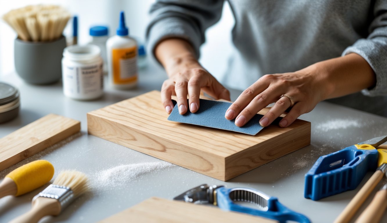 Hands sanding a wooden surface on a DIY crafting workspace with tools and glue nearby.