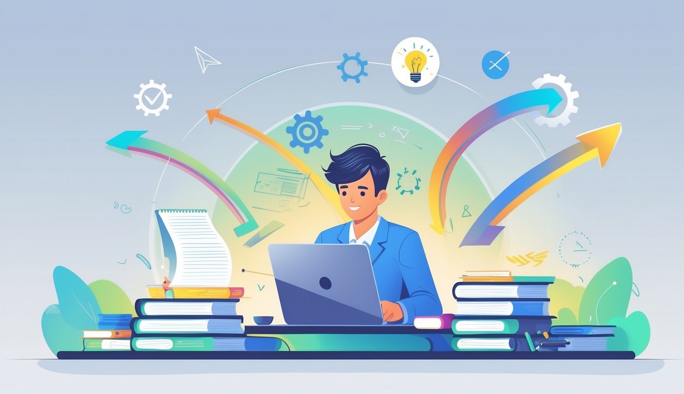 A focused person working at a desk with a laptop and notes, surrounded by symbols of speed and knowledge representing fast and efficient learning.
