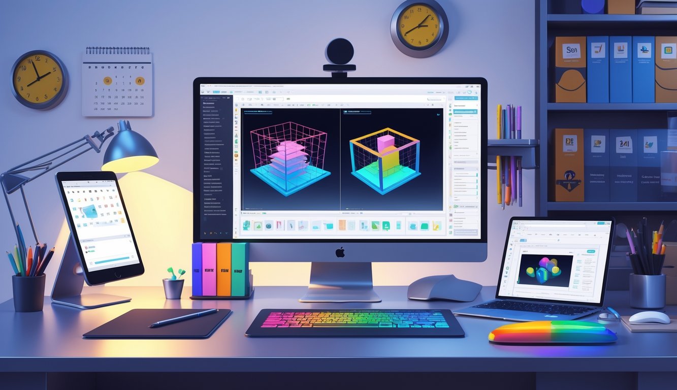 A digital workspace with a computer showing 3D modeling software, a graphics tablet, laptop, smartphone, and shelves with books and software, representing tools for 3D art tutorials.