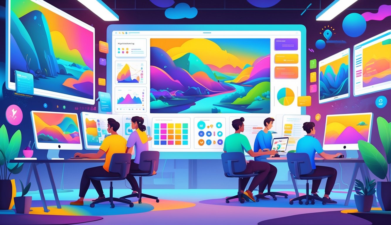 A busy creative studio with people working on digital art of colorful landscapes on multiple screens.