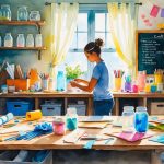 A person in a craft room creatively using household items to make new art supplies, surrounded by shelves and colorful decorations.