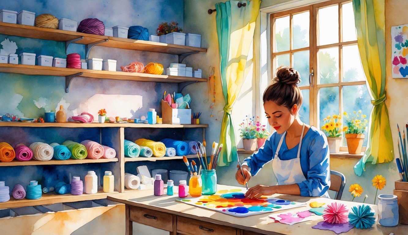 An artist in a sunlit craft room surrounded by limited art supplies, working on handmade budget-friendly craft projects.