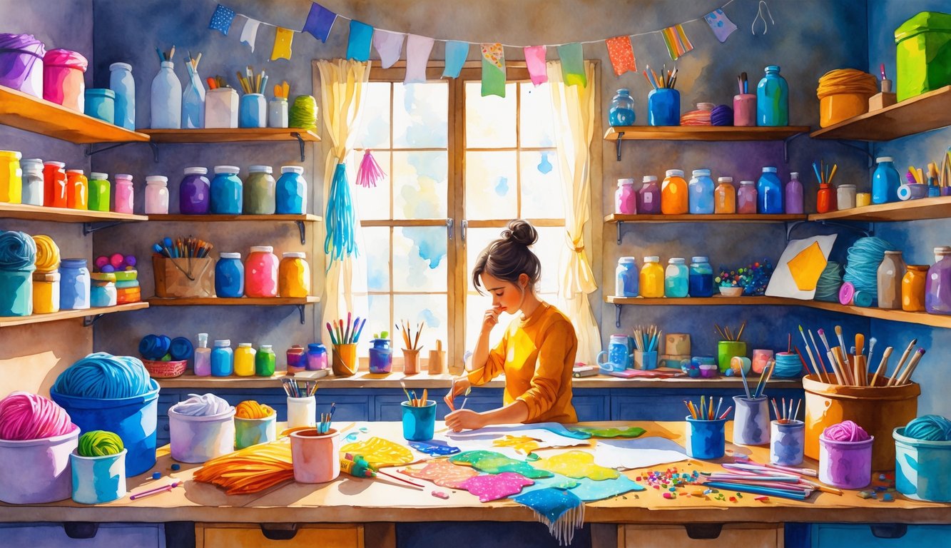 A person working on a craft project at a table surrounded by various craft supplies, some shelves partially empty, in a cozy room with natural light.