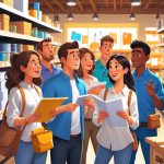 A group of people looking at DIY supplies in a busy retail store while employees watch them with concerned expressions.