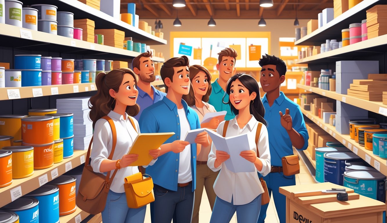 A group of people looking at DIY supplies in a busy retail store while employees watch them with concerned expressions.