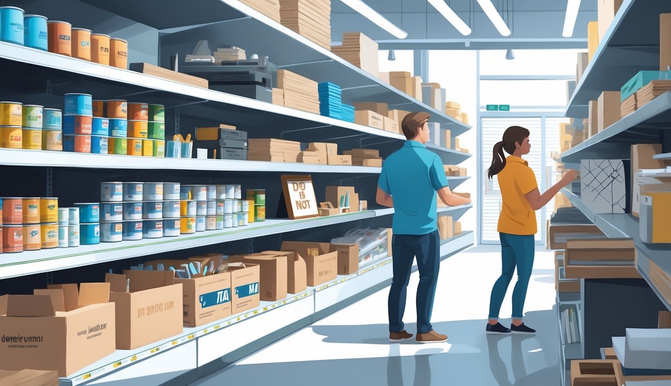 A retail store aisle with shelves of DIY supplies and employees watching customers near certain products.