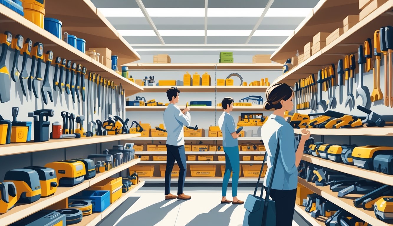 A hardware store aisle with essential tools on shelves, shoppers examining items, and a store employee watching attentively.