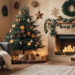 A cozy living room decorated for the holidays with a Christmas tree and garlands made from natural and everyday materials like pinecones, dried orange slices, and wooden beads.