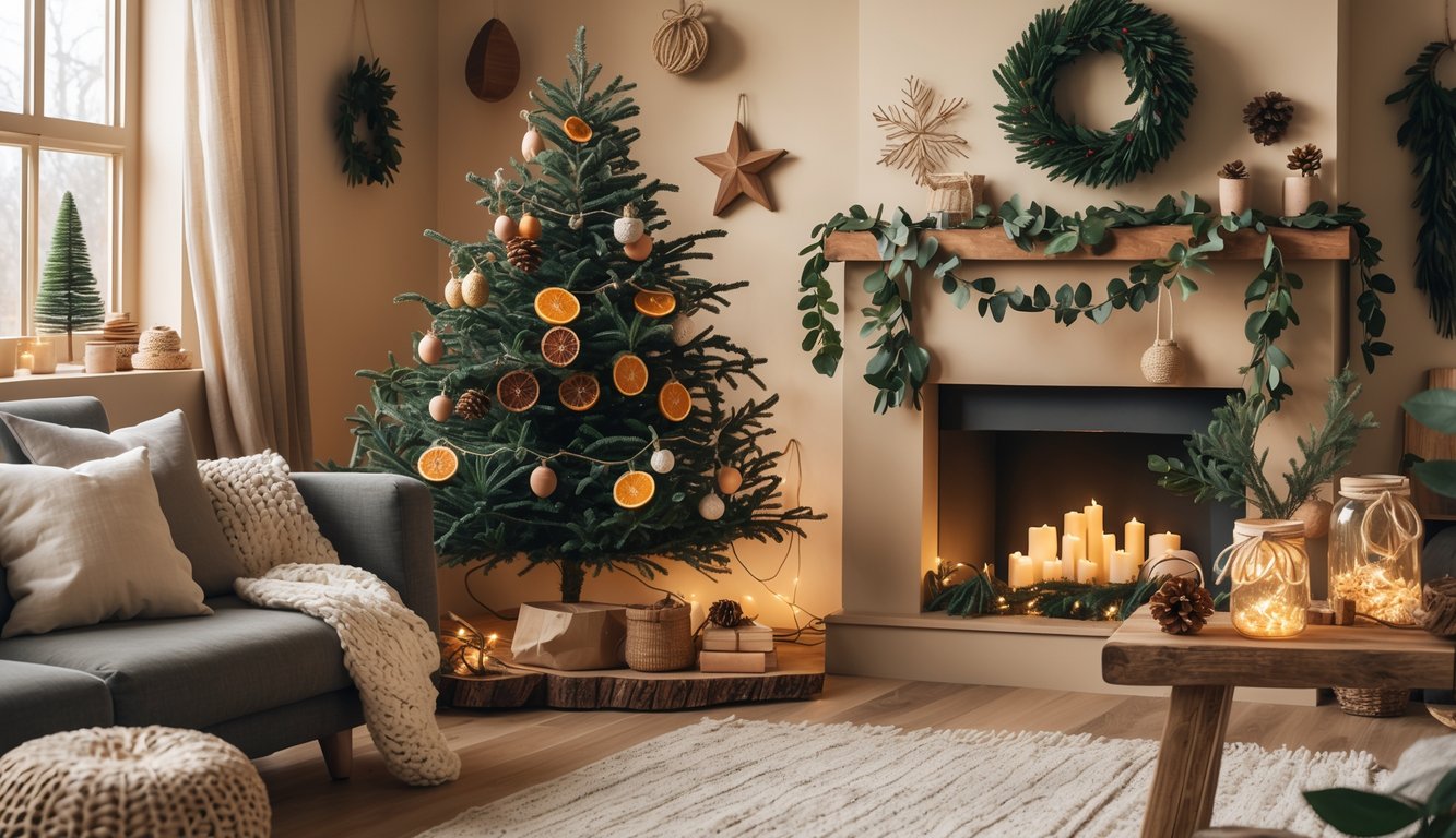 A cozy living room decorated for the holidays with a Christmas tree and garlands made from natural and everyday materials like pinecones, dried orange slices, and wooden beads.