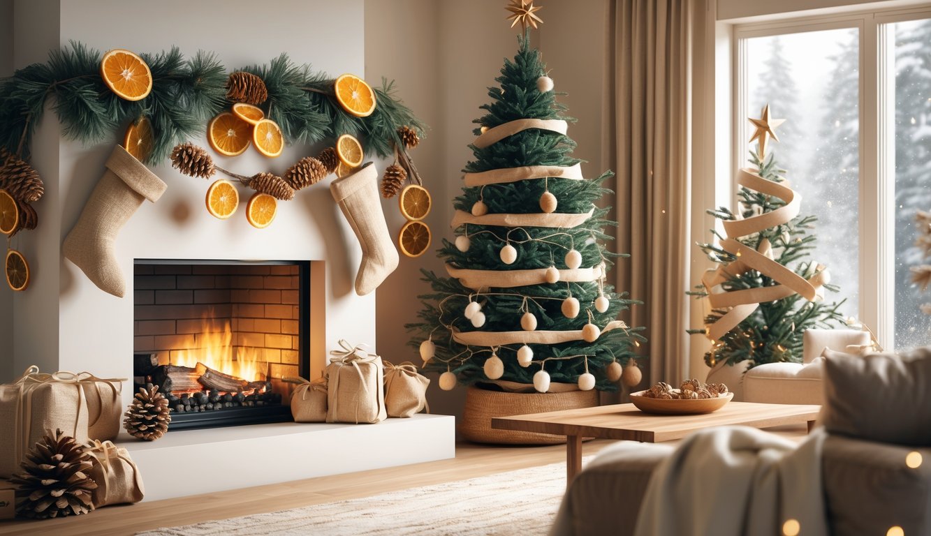 A cozy holiday living room decorated with natural materials like pinecones, dried orange slices, and handmade ornaments, featuring a small Christmas tree and a fireplace.