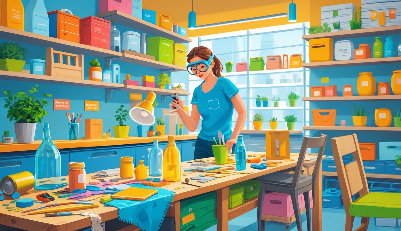 A person working in a workshop filled with repurposed household items and tools, creating new useful products from old materials.