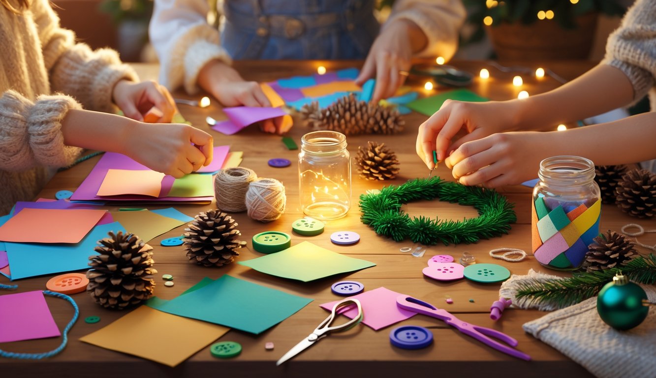 Hands creating holiday decorations using everyday materials on a wooden table filled with craft supplies and festive items.