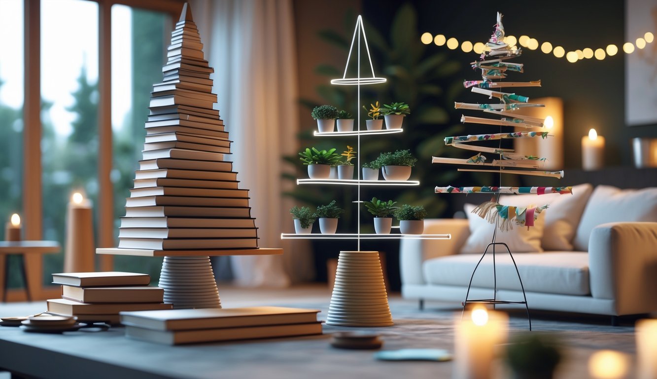 A cozy living room with creative holiday trees made from books, metal wire frames with plants, and wooden dowels with handmade ornaments.