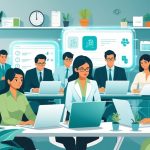 A group of busy professionals working efficiently at desks with laptops and digital screens in a modern office setting.