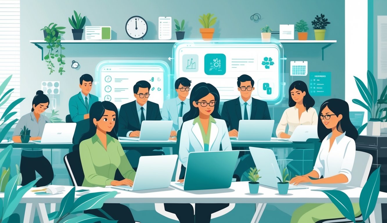 A group of busy professionals working efficiently at desks with laptops and digital screens in a modern office setting.