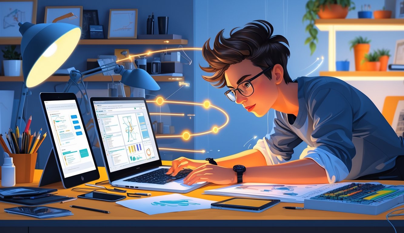 A person working at a cluttered desk with design tools and digital devices, surrounded by light trails symbolizing shortcuts and efficiency in a creative workspace.