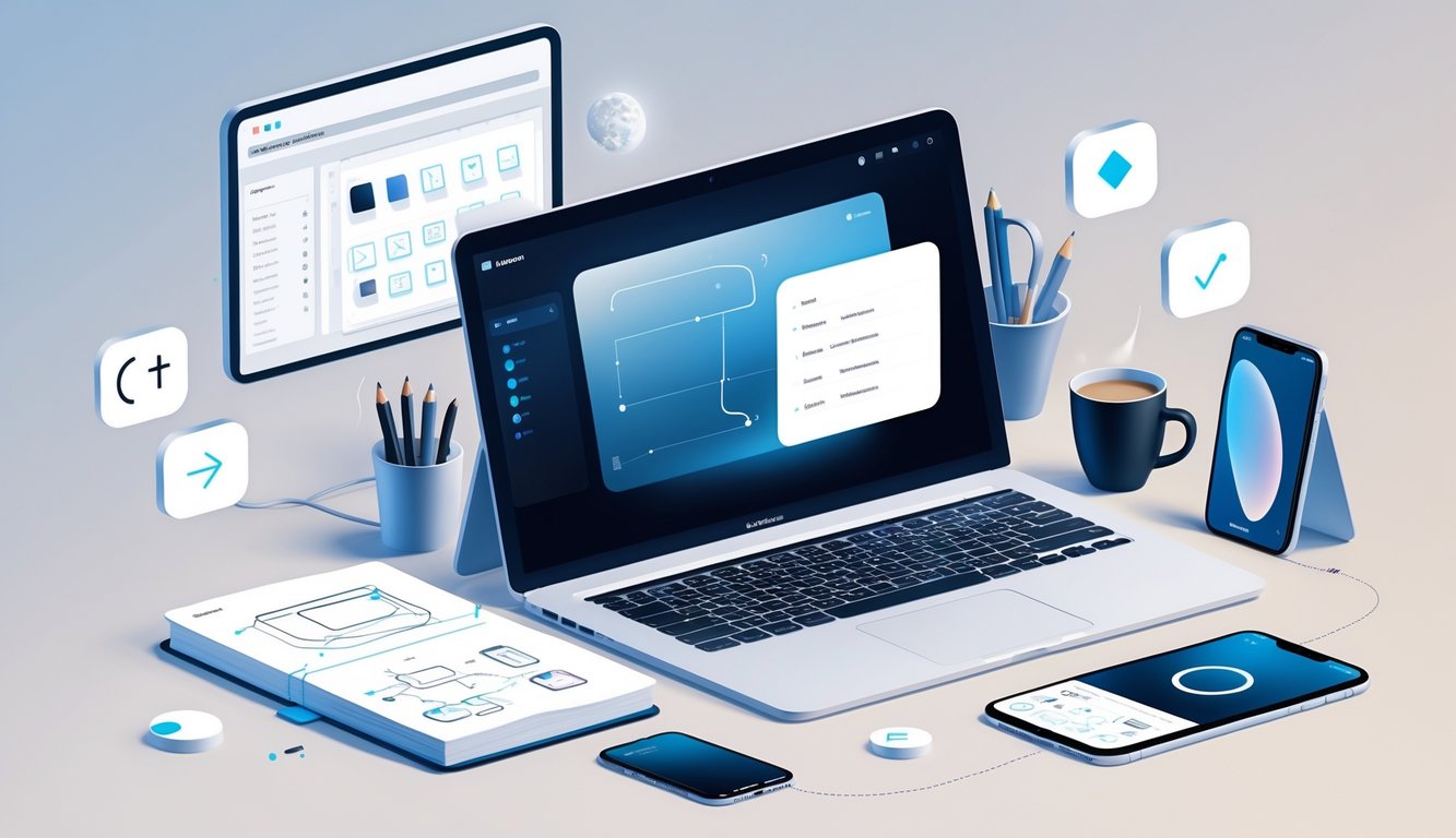 A focused workspace with a laptop, smartphone, notebook, coffee cup, and glowing shortcut key icons floating above, representing a maker using productivity shortcuts.