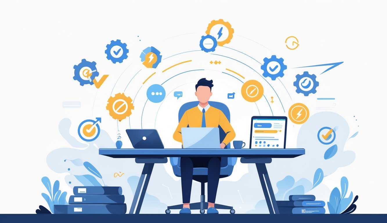 A person working at a desk with multiple digital devices surrounded by icons representing shortcuts and productivity tools.
