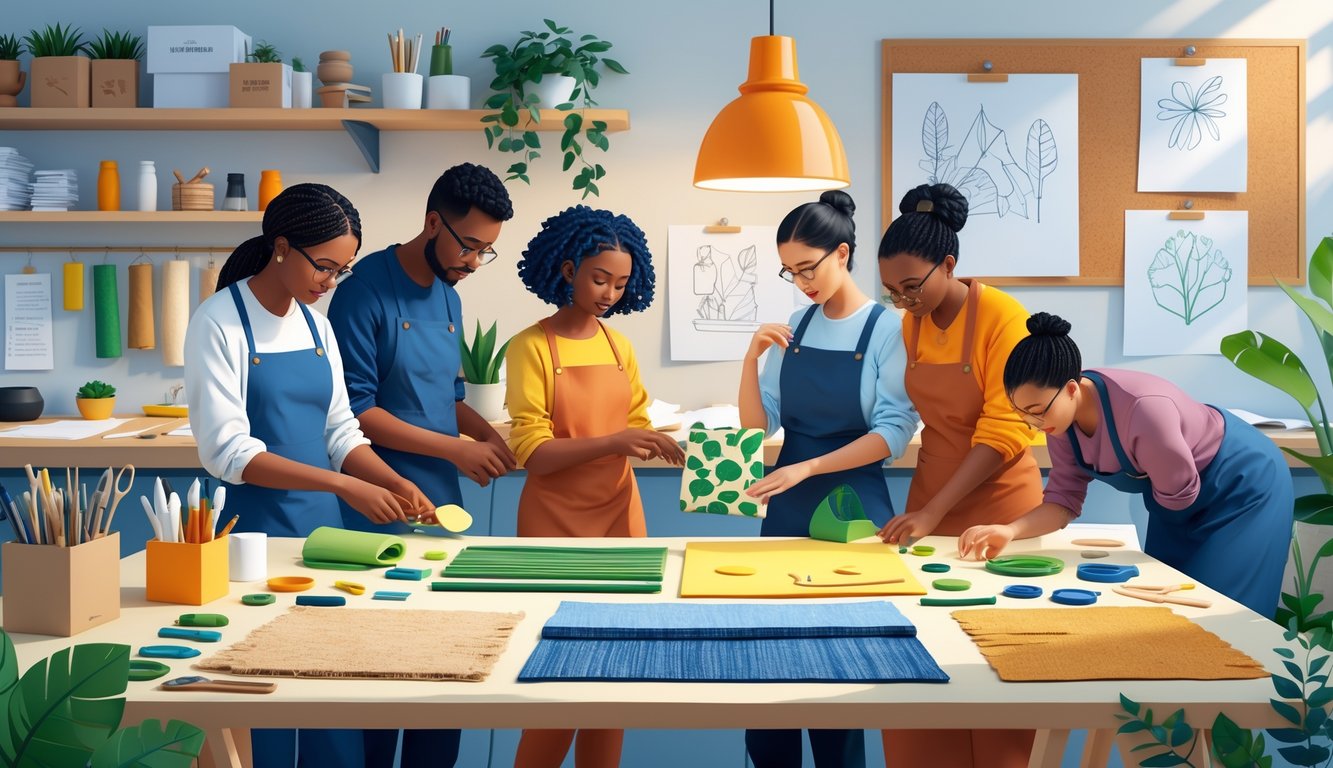 A workshop where crafters examine and test various sustainable materials on a table surrounded by tools and design sketches.