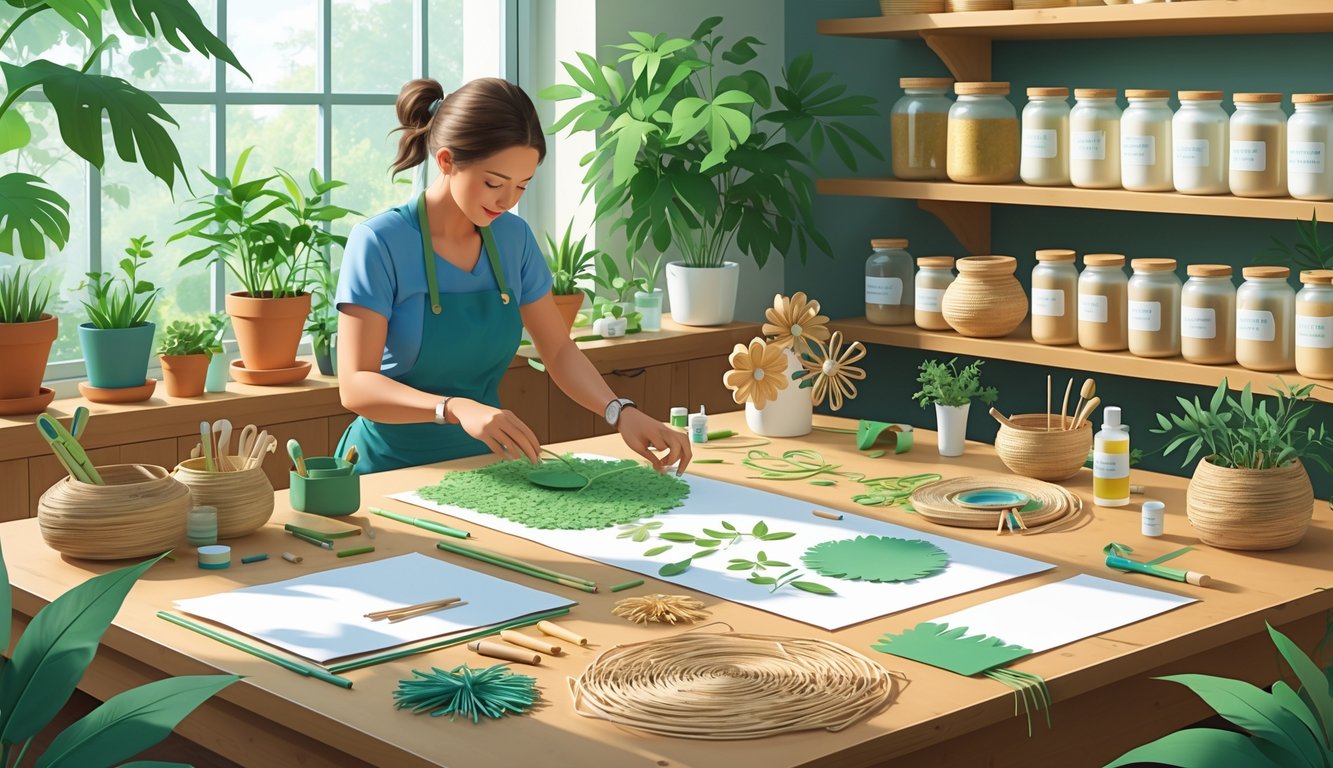 A workspace with hands crafting using eco-friendly materials like recycled paper, natural fibers, and plant-based dyes, surrounded by plants and natural light.