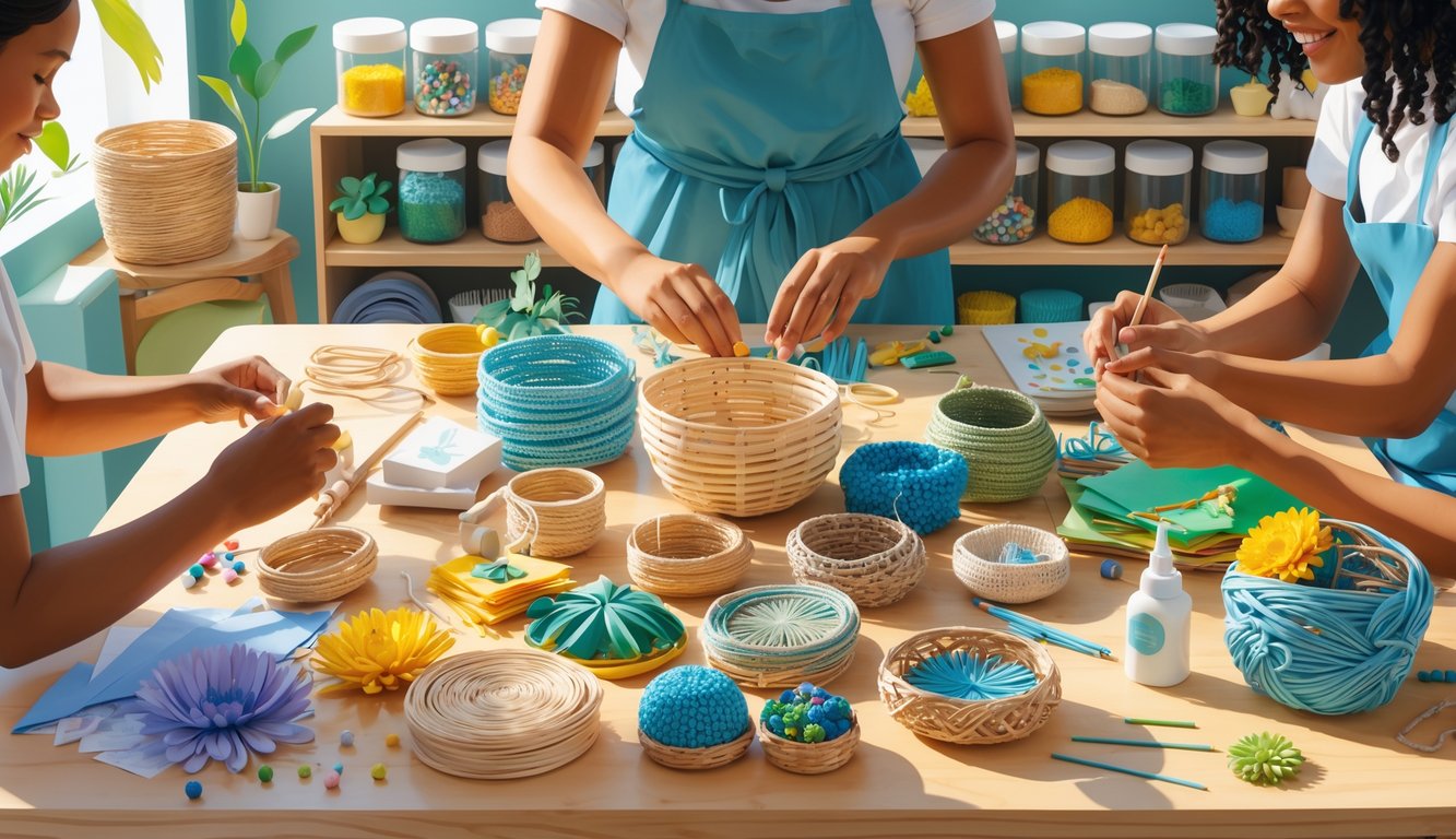 A crafting workspace with hands making handmade items using natural and recycled materials arranged on a wooden table.