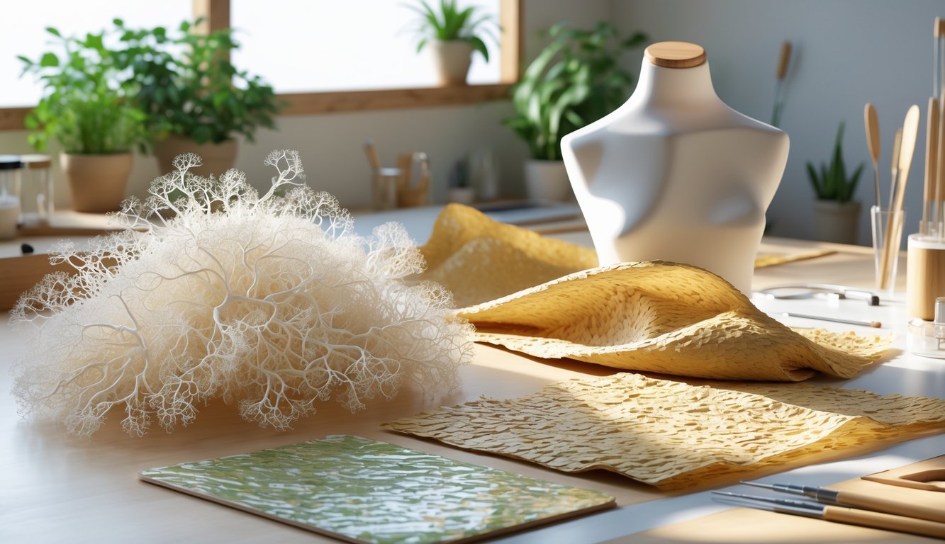 A workspace displaying three sustainable materials: white mycelium networks on wood, beige Piñatex fabric draped on a mannequin, and translucent bacterial cellulose sheets with scientific tools nearby.